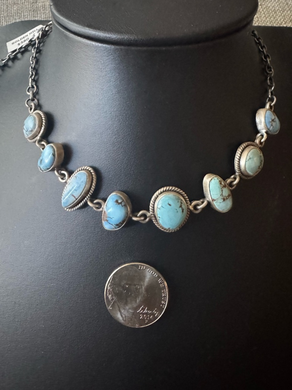 Turquoise Golden Hills Choker Necklace - Stamped Sterling--20”